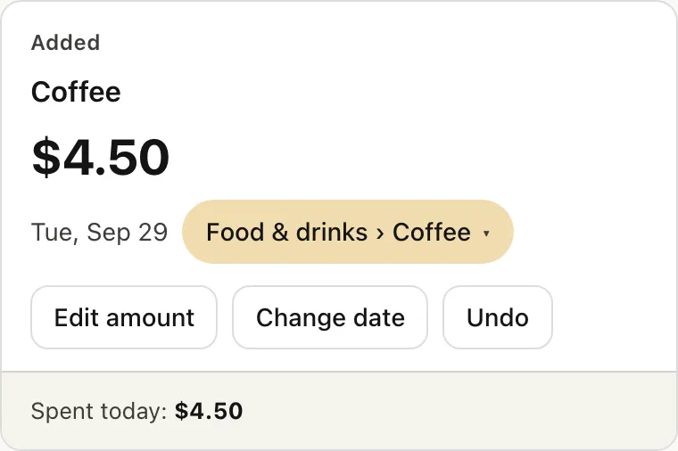 Added card: Coffee, $4.50, Tue, Sep 29, category Food & drinks › Coffee, with Edit amount, Change date and Undo buttons. Spent today: $4.50.