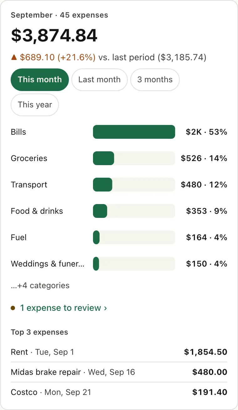 September total card: 45 expenses, $3,874.84, up $689.10 (+21.6%) from the previous period. Buttons for This month, Last month, 3 months, This year. Category bars led by Bills 53%, Groceries 14%, Transport 12%. 1 expense to review and the 3 largest expenses.